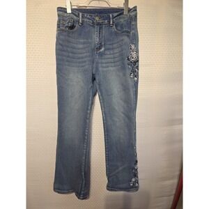 JustFashionNow‎ Women's Embroidered Jeans Size L 32" Waist Floral Denim Straight